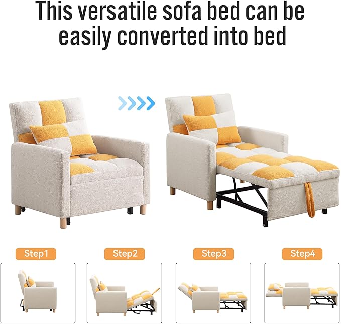 Sleeper Sofa Bed 3-in-1 Convertible Chair Bed Multi-Functional Sleeper Chair Soft Teddy Fabric for Living Room Apartment Office (White&ampYellow)