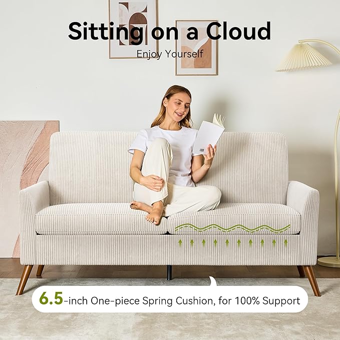 68 Loveseat Sofa Comfy White Corduroy Couches for Living Room Mid Century Modern Love Seat Sofa Tool-Free Setup Small Couches for Bedroom Office