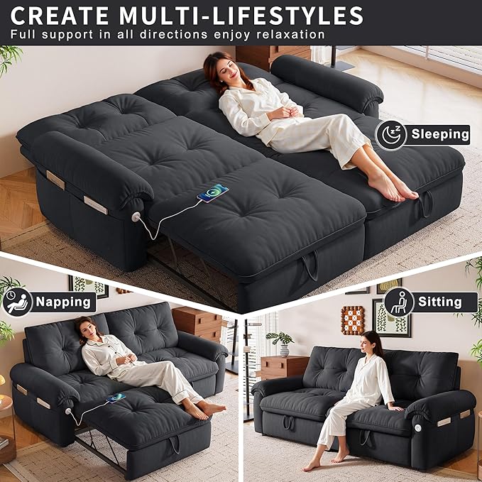 77 Pull Out Sofa Bed Velvet Convertible Sleeper Couch Loveseat Chaise Lounge with Side Pockets and USB Pullout Futon Sofa Bed for Living Room Bedroom Small Spaces RV (Grey)