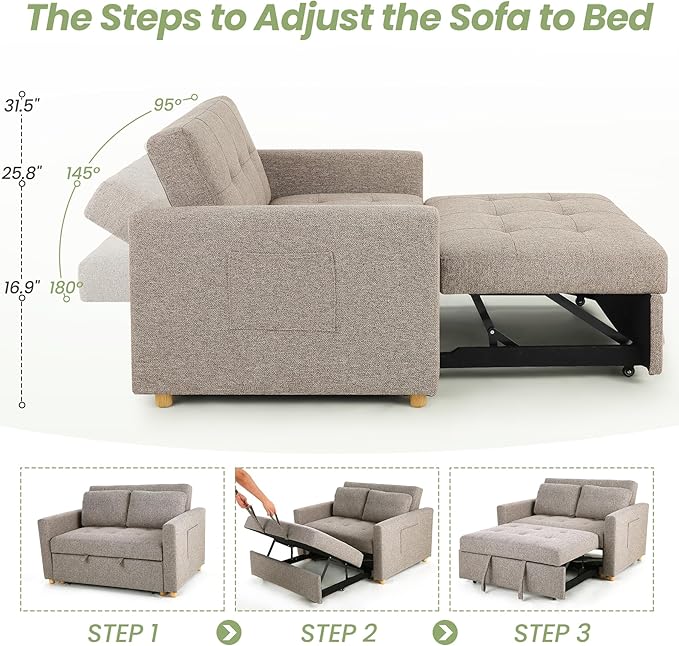 SEJOV 3-in-1 Convertible Sofa Bed Linen Fabric Sleeper Couch Pull Out Bed 49 2-Seater Loveseat Futon Sofa with Spring Support Adjustable Backrest and Pillows for Small Spaces Living Room