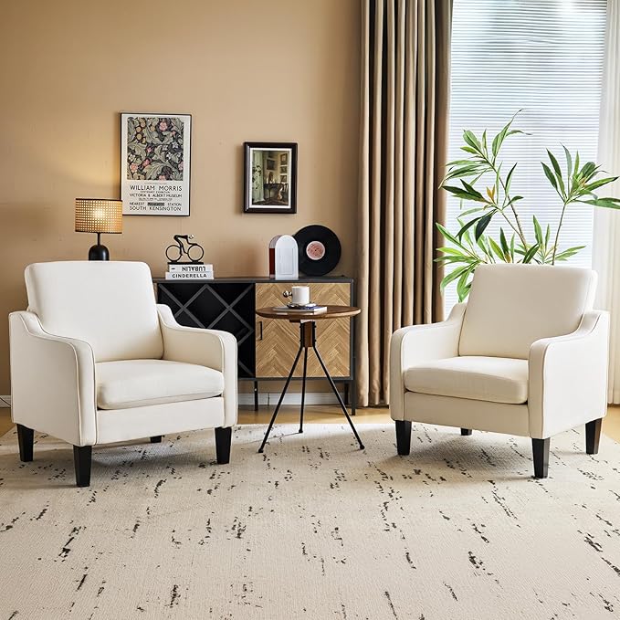 VINGLI Accent Chairs Set of 2 Beige Upholstered Linen Accent Chair for Living Room Bedroom Mid-Century Modern Arm Chair Comfy Reading Chair with Scooped Arms