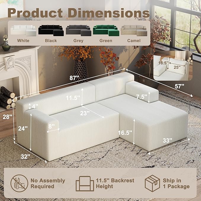 Boneless Couch with L Shaped Chaise Sectional Cloud Sofa with High Backrest Corduroy Memory Foam Couch No Assembly Cloud Couches for Living Room Apartment（White Right Facing Chaise）