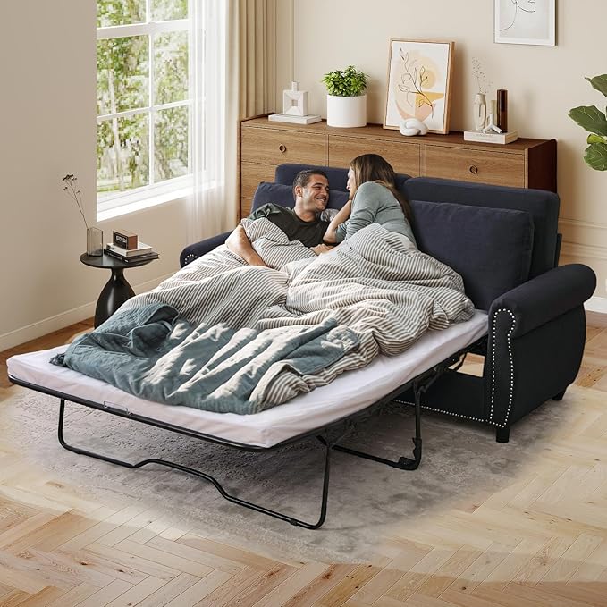 Full Size Pull Out Sofa Bed 3 in 1 Linen Convertible Loveseat Sleeper Sofa Bed with Memory Form Mattress Pull Out Couch with Nailhead Trim &amp Roll Arms for Living Room Bedroom Small Space(Grey)