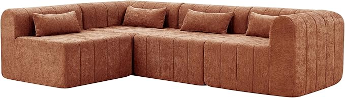 145.5 Inch Modular Full-Compressed Sectional Sofa Polyester Upholstered Modular Sofa with 4 Pieces Compressed Sponge Modular Couch for Living Room (Orange-X200)