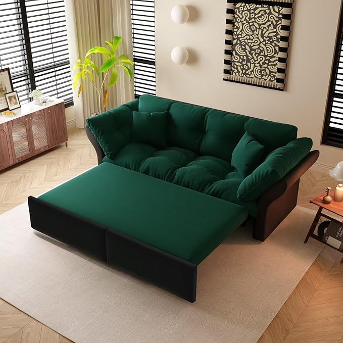 74.8 Queen Velvet Pull Out Sofa Bed 3-in-1 Convertible Sleeper Tufted Couch with 2 Soft Pillows Multi-Functional Folding Loveseat Bed Green
