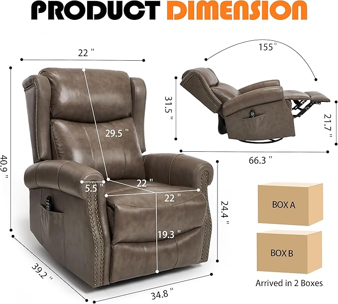 Manual Rocker Swivel Recliner Chair for Adults Vibration Massage Reclining Glider Chair with Lumbar Heat Rivet Design Single Sofa for Living Room Genuine Leather Camel Brown