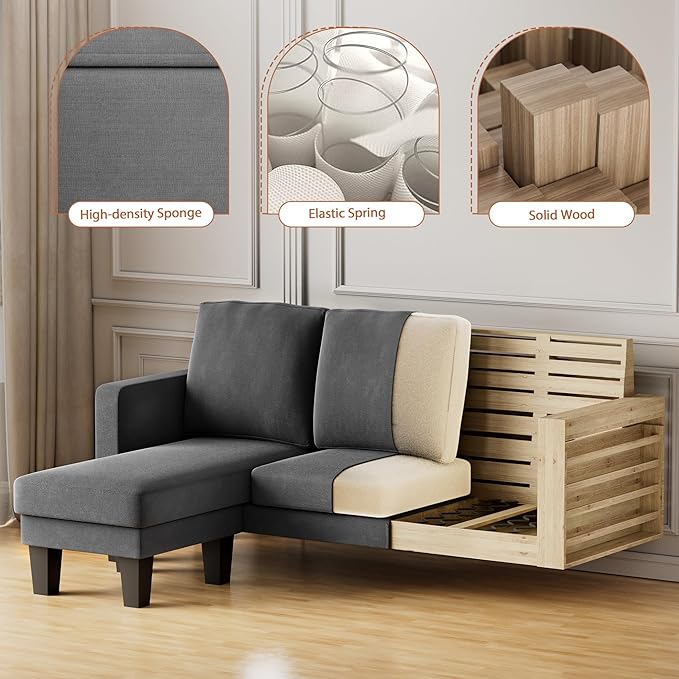 JUMMICO Convertible Sectional Sofa Couch Fabric L-Shaped Sofa with 3 Seats Removable Ottoman Small Sofa for Small Apartments Living Rooms and Offices (Deep Grey)