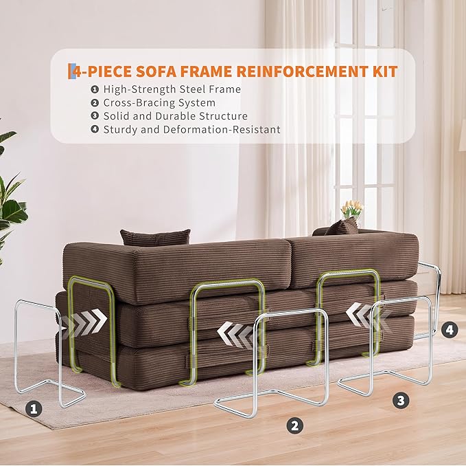 Garvee 5-in-1 Convertible Sofa Bed 78.8 Modular Corduroy Sleeper with Sturdy Frame &amp No Assembly Multi-Functional Futon for Small Space Living Room &amp Guest Room (Green) (Brown-A)