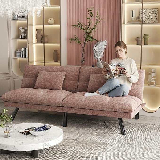 Futon Sofa Bed Convertible 70 inch Solid Wood Couch for Living Room Chenille Fabric 2 Cushions (Pink)