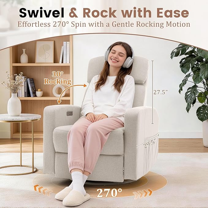 Power Swivel Recliner Chairs for Adults Electric Glider Rocking Chair Nursery Glider Recliner Nursery Chair with Classified Side Pocket Nursery Rocking Chairs with USB and Type-C Ports