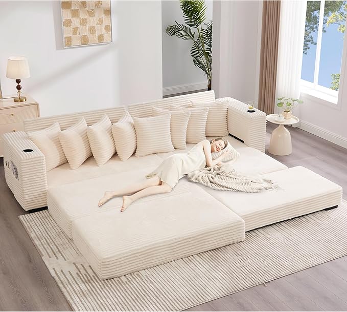 Oversized L-Shaped Modular Sectional Sofa Couch with 8 Pillows Convertible Corduroy Sleeper Sofa Bed with Cupholders &amp Storage Pockets Cloud Couch with Movable Ottoman for Living Room Beige