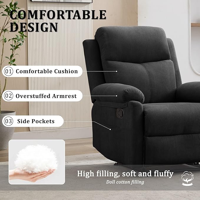 Recliner Chairs Small Recliners for Small Spaces Manual Recliner for Adults with Side Pockets Adjustable Overstuffed Comfy Corduroy Reclining Chair for Living Room Bedroom Reading Black
