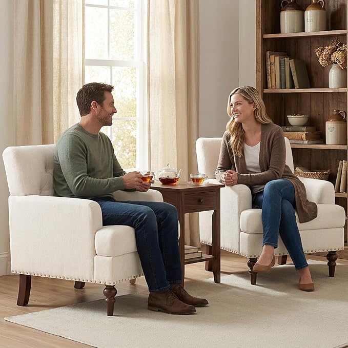 Upholstered Accent Chair with Thick Cushion High Back Reading Chair Linen Blend Armchair with Solid Rubberwood Legs for Living Room Bedroom Reading Apartment &amp Small SpacesBeigeSet of 2