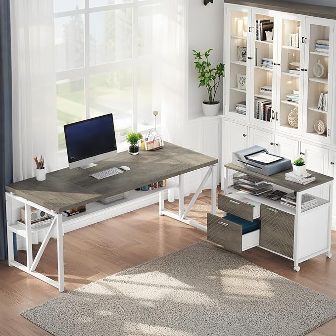 Tribesigns L-Shaped Executive Desk with Reversible File Cabinet 63 Large Office Desk with Drawers and Storage Shelves Business Furniture Workstation for Home Office (Oak Grey)