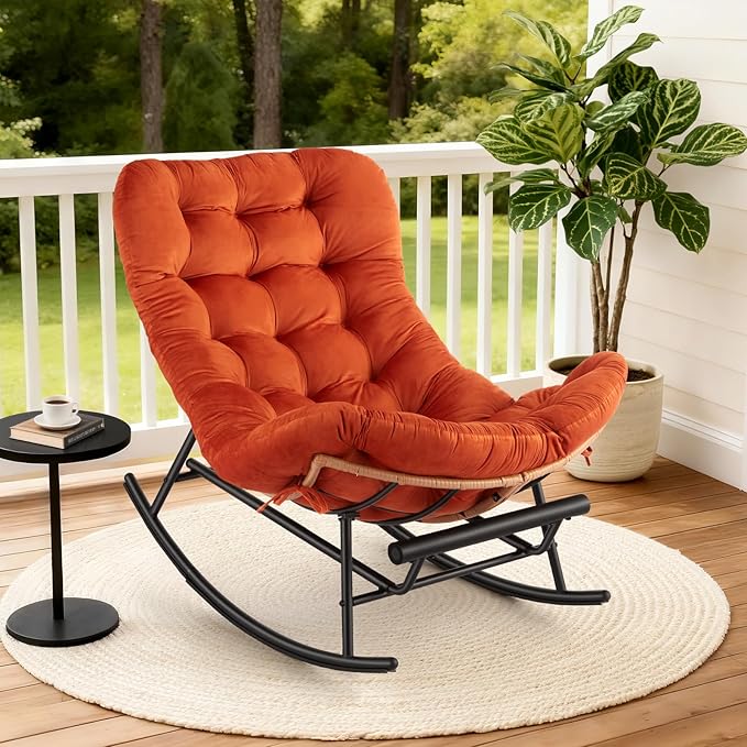 GarveeHome Indoor Papasan Rocking Chair Rattan Rocker with Extendable Footrest &amp Detachable Flannel Cushion 352lbs Sturdy Large Reading Lounge for Indoor Bedroom Living Room Orange