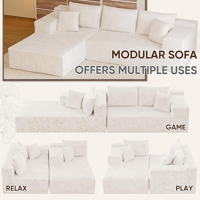 VICTONE 108” Cloud Sectional Couches Boneless Couch Modular L-Shaped Sofa with Deep Seat Modern Comfort Upholstered Sofas for Living Room No Assembly Required (Chenille Beige)
