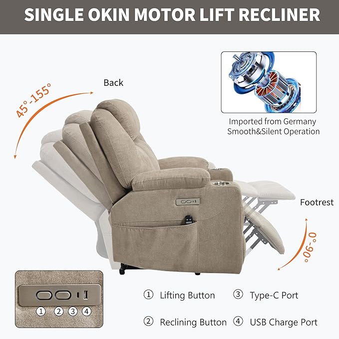 Chenille Electric Power Lift Recliner Chair Massage Single Sofa with Vibration Massage and Lumbar Heating Ergonomic Lounge Couch with Cup Holders and USB Charge Port for Living Room (Khaki)