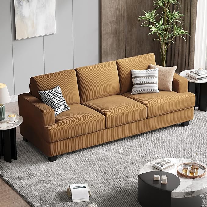 89 Inch Sofa with Extra Deep Seats Oversize 3 Seater Sofa for Living Room Modern Couch and Sofa Comfy Armrests and Seats and Backrests Easy Installation Corduroy Fabric Ginger Yellow