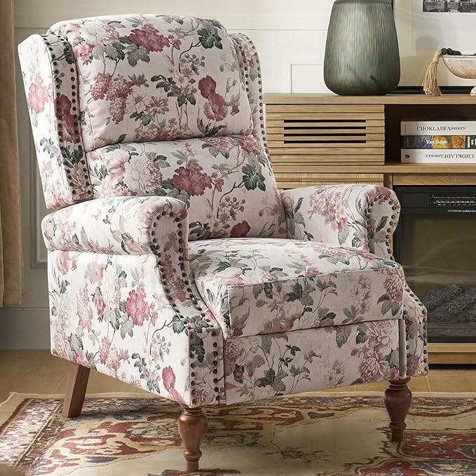 Pushback Recliner Chair Upholstered Floral Fabric Wingback Chair Single Sofa Accent Chair with Lumbar Support and Rivet Decoration for Living Room Bedroom Floral