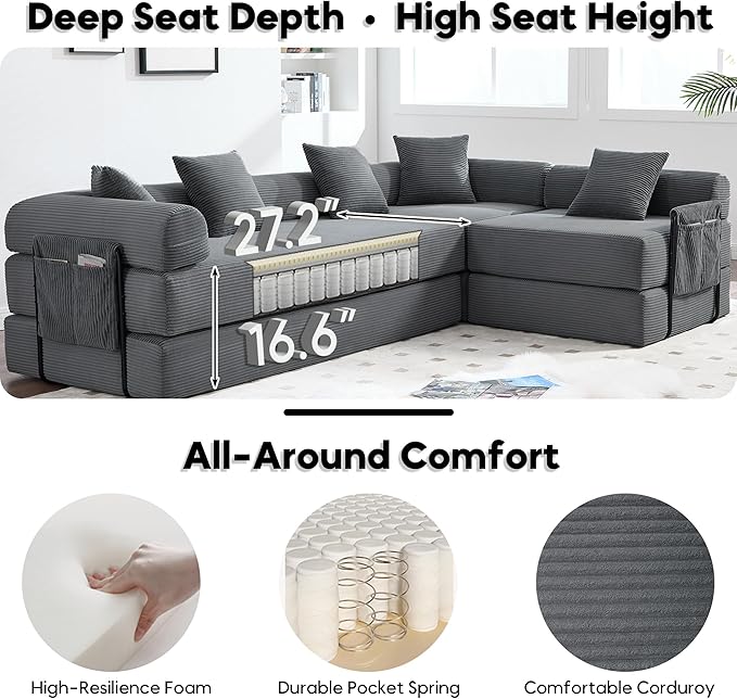 Oversized Modular Cloud Couch for Living Room Corduroy L-Shaped Sectional Sleeper Sofa Bed with Fixed-Shape Frame Modern Boneless Couch with Pillows &amp StorageGrey