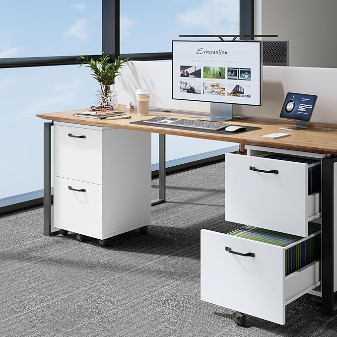 Sweetcrispy 2 Drawer Filing Cabinet White Rolling Wood File Cabinets with Printer Stand Under Desk Storage Lockable Wheels Home Office Organizer
