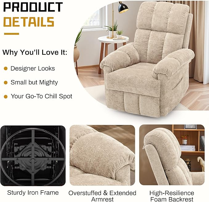 Recliner Chair Swivel Rocker Recliner Chair for Adults Small Recliners for Small Spaces Manual Recliner with Side Pockets Upholstered Nursery Rocking Chair for Living Room Chenille Khaki