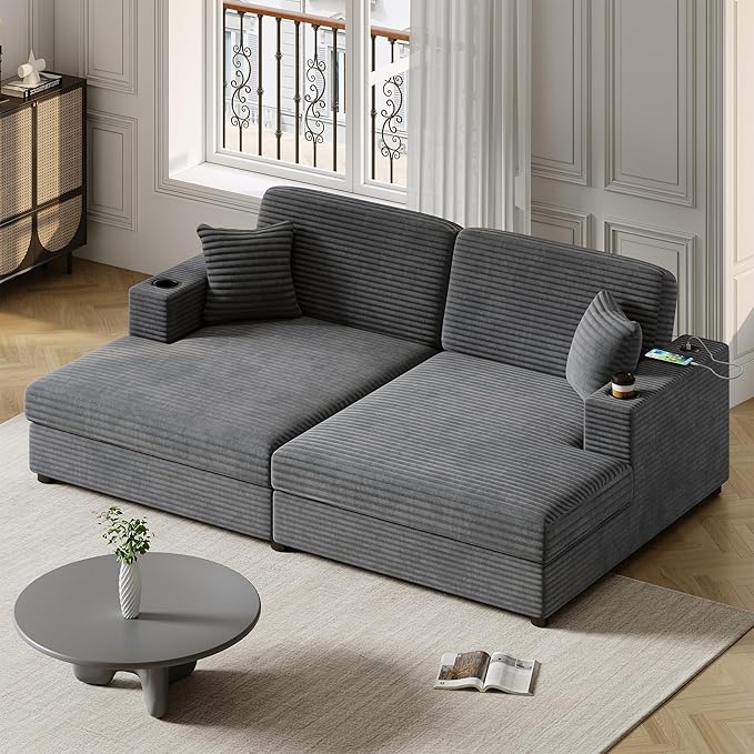 86.5 Oversized Double Chaise Lounge Indoor Corduroy Upholstered Sofa Bed  Deep Seat Lounger Loveseat Recliner Daybed with Dual USB Ports  Two Cup Holders and Throw Pillows for Living Room Bedroom