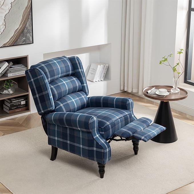 Upholstered Wingback Recliner Chair Plaid Recliner Chair Armchair Adjustable Footrest Push Back Reclining Sofa Mid-Century Modern Lounge Armchair for Living Room Bedroom Reading - Blue