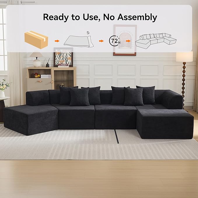 140''Oversized Cloud Velvet Curved Sectional Couch Boneless Couch with L-Shape Chaise Upholstered Compression Memory Foam Modular Sectional Sofa for Living Room No Assembly Required Black
