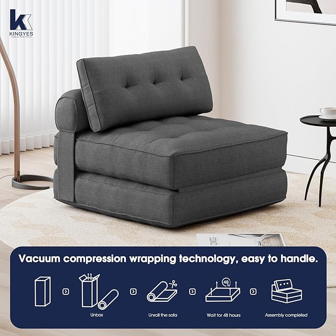 KINGYES Folding Chair Bed 3 in 1 Convertible Sleeper Chair with Pillow Foldable Futon Chair for Living Room Gray