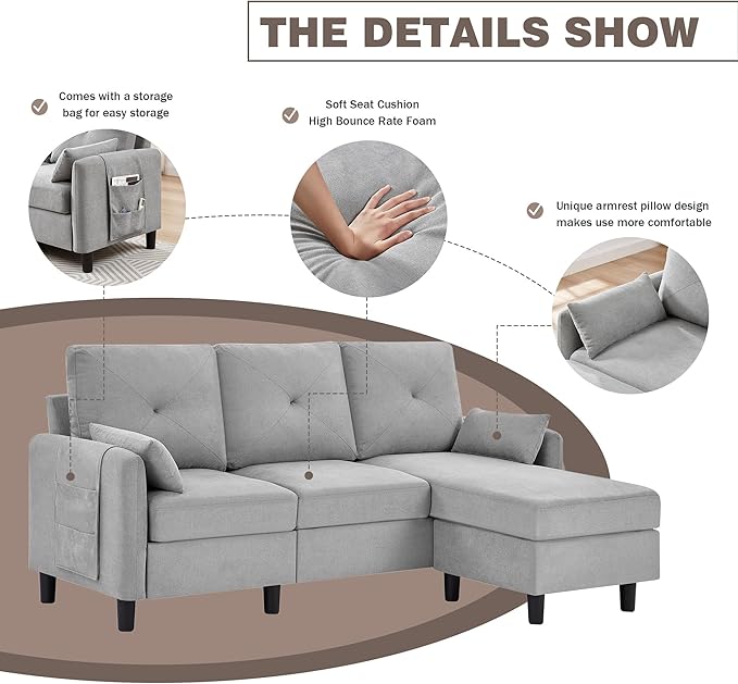 2 Piece Sectional Sofa Set Modern Convertible Sectional Sofa 3 Seat L Shaped Sofa and Chair with Storage Ottoman for Living Room ApartmentLight Grey