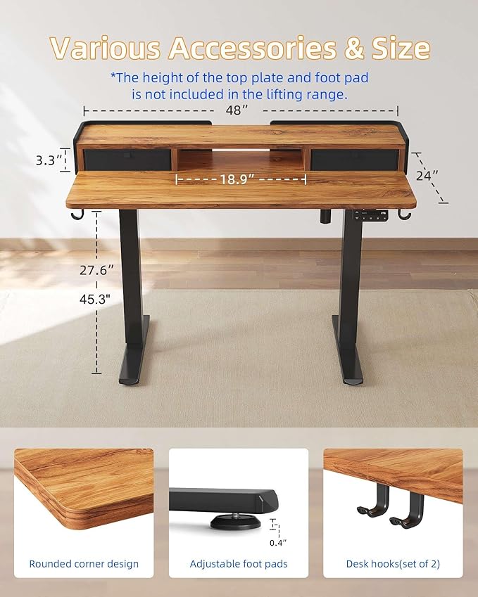 YIHAYO Electric Standing Desk with Drawers 48 x 24 Inches Adjustable Desk with Storage Shelf Stand Up Desk with Splice Board Computer Table for Home Office Black Frame/Rustic Brown Top