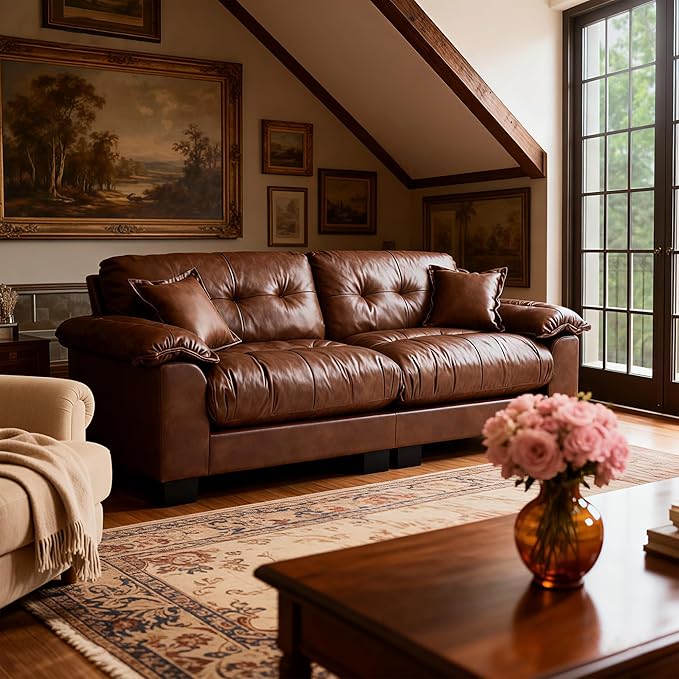 Faux Leather Sofa Mid Century Modern Deep Loveseats Comfy Cloud Couch Tufted Pillow Top Arm Furniture for Living Room Apartment Cognac Brown