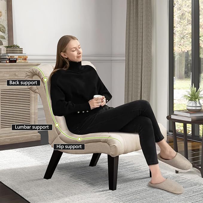 Alunaune Living Room Chair Modern Accent Chair Upholstered Tufted Armless Bedroom Chair Sofa Backrest Fabric Recliner Lounge Chair Wood Legs-Ivory