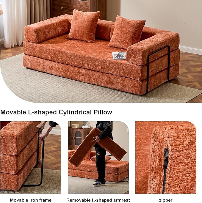 Convertible Sleeper Sofa Bed Compression Folding Sofa with Pillow No Assembly Required Shape Frame Floor Sofas Lounge Couch for Living Room Bedroom Small Spaces (Chenille 77''W Orange)