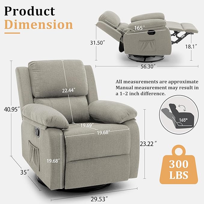 Recliner Chair 360 Swivel Rocker Chair for Adults Small Rocking Recliner for Small Spaces Upholstered Fabric Glider Recliner Nursery (Swivel Rocker Recliner Light Khaki)