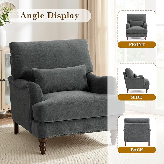 Accent Chairs Set of 2 Upholstered Armchair with Nailhead Trim &amp Solid Wood Legs Mid Century Modern Chenille Club Chair for Living Room/Bedroom/Reading Room Gray