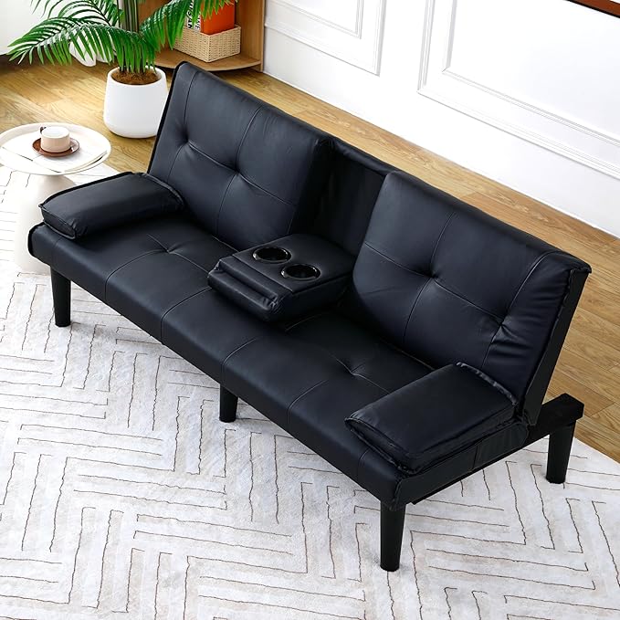KEIKI 3 in 1 Convertible Sleeper Sofa Bed PVC Loveseat with Cup Holder Foldable Futon Sofa Bed for Living Room Guest Room Dorm Black