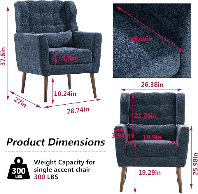 Modern Accent Chair Chenille Fabric Upholstered Tufted Side Chair Wingback ChairMid Century Reading Armchair with Waist Pillow Backrest for Living Room Bedroom (Dark Blue)