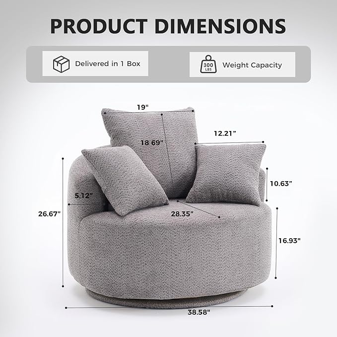 360°Swivel Accent Barrel Chair - 38.6W Boneless Oversized Upholstered with 3 Removable Pillows High-Resilience Sponge &amp Tuck Stitch Fabric Comfy Round Sofa Chair for Living Room Bedroom Apartm