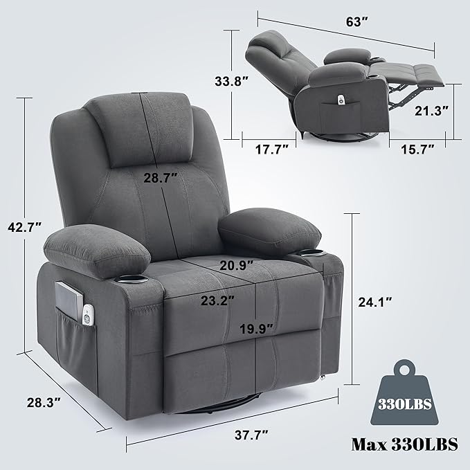 Oversized Swivel Rocker Recliner Chair with Heat and Massage Big Large Recliner Chair for Living Room 360 Degree Swivel Rocking Single Sofa with Cup Holders and USB Port (Fabric Darkgrey)