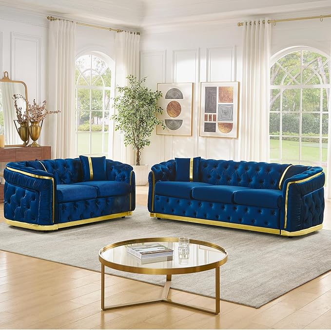 62.6 Mid Century Modern Loveseat Chesterfield Sofa Couch Blue and Gold Couch Velvet Button Tufted Luxury Couches for Living Room with Golden Decor &amp 2 Pillows Navy Blue | StainlessSteel Decor