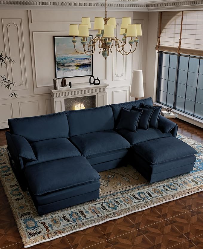 109 Modular Sectional Sofa with 2 Ottoman Chenille Cloud Couch for Living Room &amp Apartment Deep Seat Comfort Flexible U-Shape Combination Sofa for Home &amp OfficeBlue