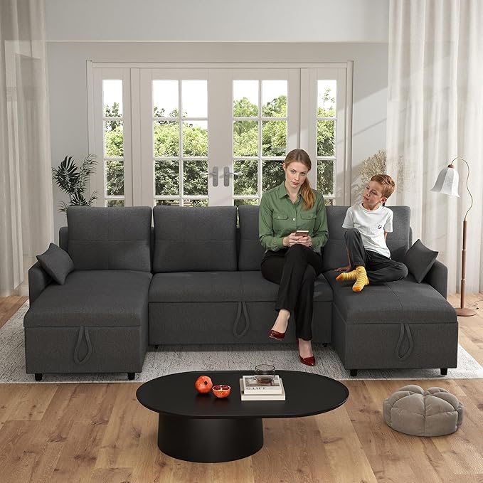 U Shaped Sleeper Sofa Bed: 106 Convertible Pullout Couch Bed with Storage Grey Sleeper Sectional Couches for Living Room Comfortable Modular Couch Beds with Chaise