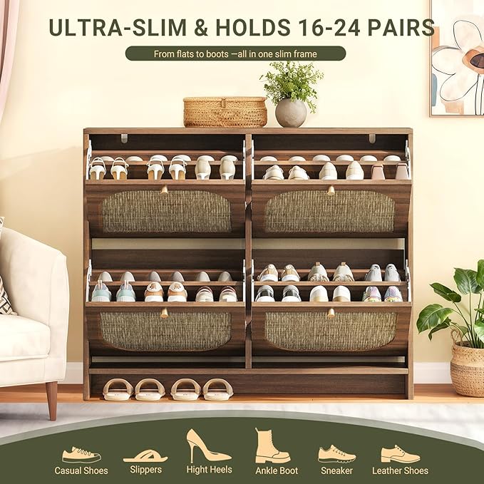 Nicetree Rattan Arched Accent Shoe Storage Cabinet - Freestanding Ultra Slim for Entryway 4 Flip Drawers &amp 3-Tier Adjustable Shelves Farmhouse Modern Rustic Shoe Rack for Hallway Foyer Living
