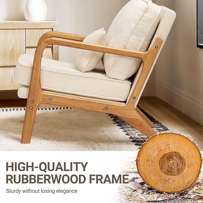 COLAMY Modern Accent Chair with with Solid Wood Frame Mid Century Reading Leisure Armchair Lumbar Pillow&amp Soft Cushion Relaxing Chair for Living RoomBedroomWaiting Room（Beige）