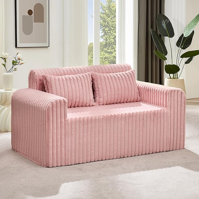 Hobestluk Couch Sofa 2-Seater Foam Sofa Loveseat for Small Spaces Comfy Sofas with Removable Cover Furry Couch with Pillows for Living Room Bedroom Apartment Office (Pink Loveseat)