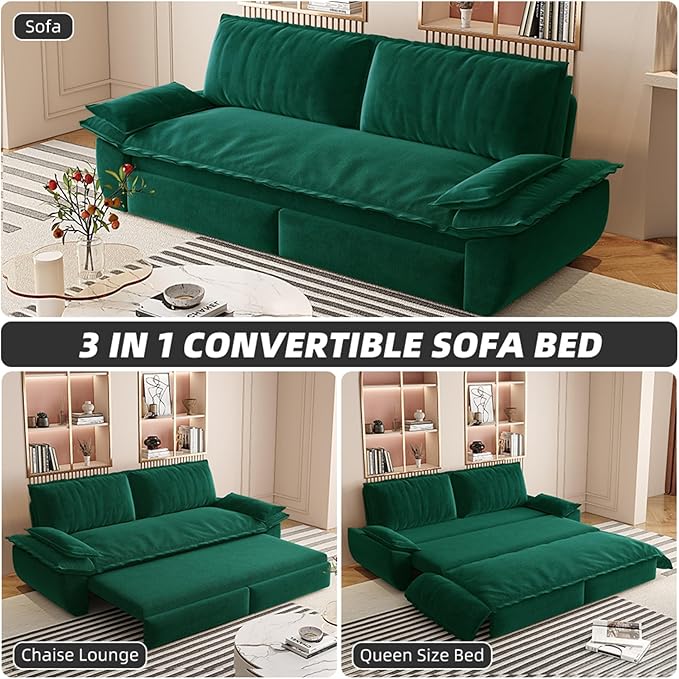 3 in 1 Convertible Queen Sleeper Sofa Bed Comfy Pull Out Futon Couch Bed 73.2 Modern Velvet Recliner Loveseat Sofa Multi-Functional Green Cloud Couch for Living RoomApartmentOffice (Green 73.2)