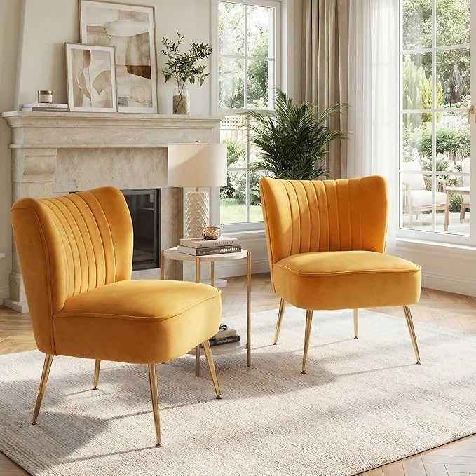 DUOMAY Modern Accent Chair Set of 2 Velvet Slipper Chair with Gold Legs Wingback Side Chair for Living Room Bedroom Entryway Small Corner Chair for Space Saving Yellow