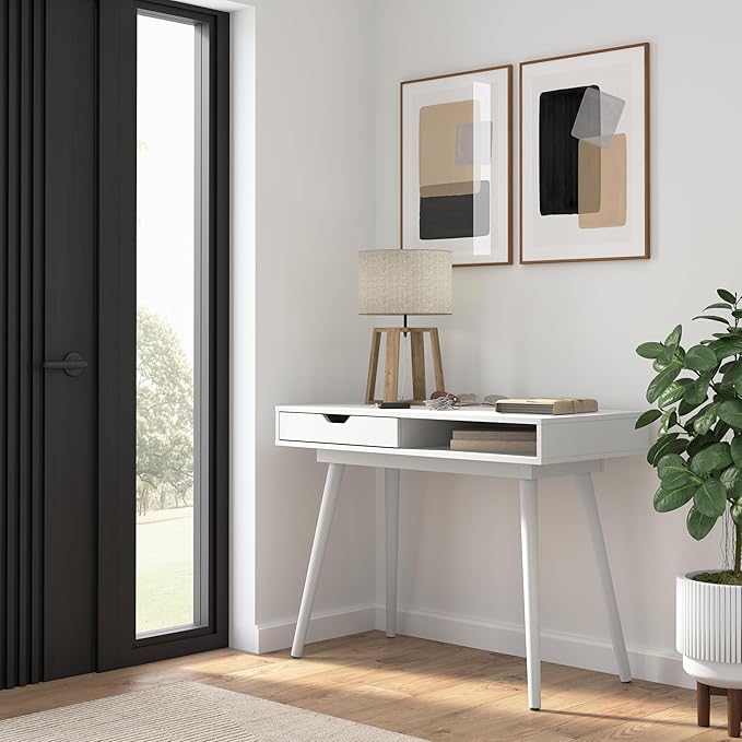 Nora 40W Writing Desk in Pure White | Compact Writing Table with Storage Workstation for Home Office or Study Room